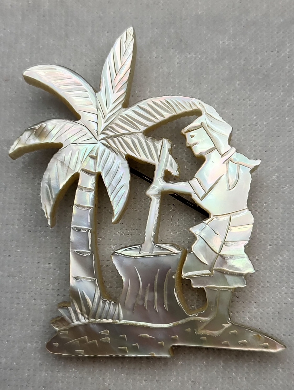 Vintage Hand-carved Mother-of-Pearl  Farmer Standing Near Tree (MOP) Brooch /Pin